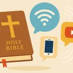 Ancient religious symbols blending with modern digital communication icons and technology