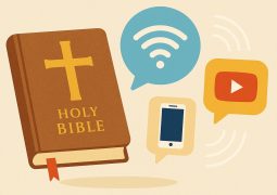 Ancient religious symbols blending with modern digital communication icons and technology
