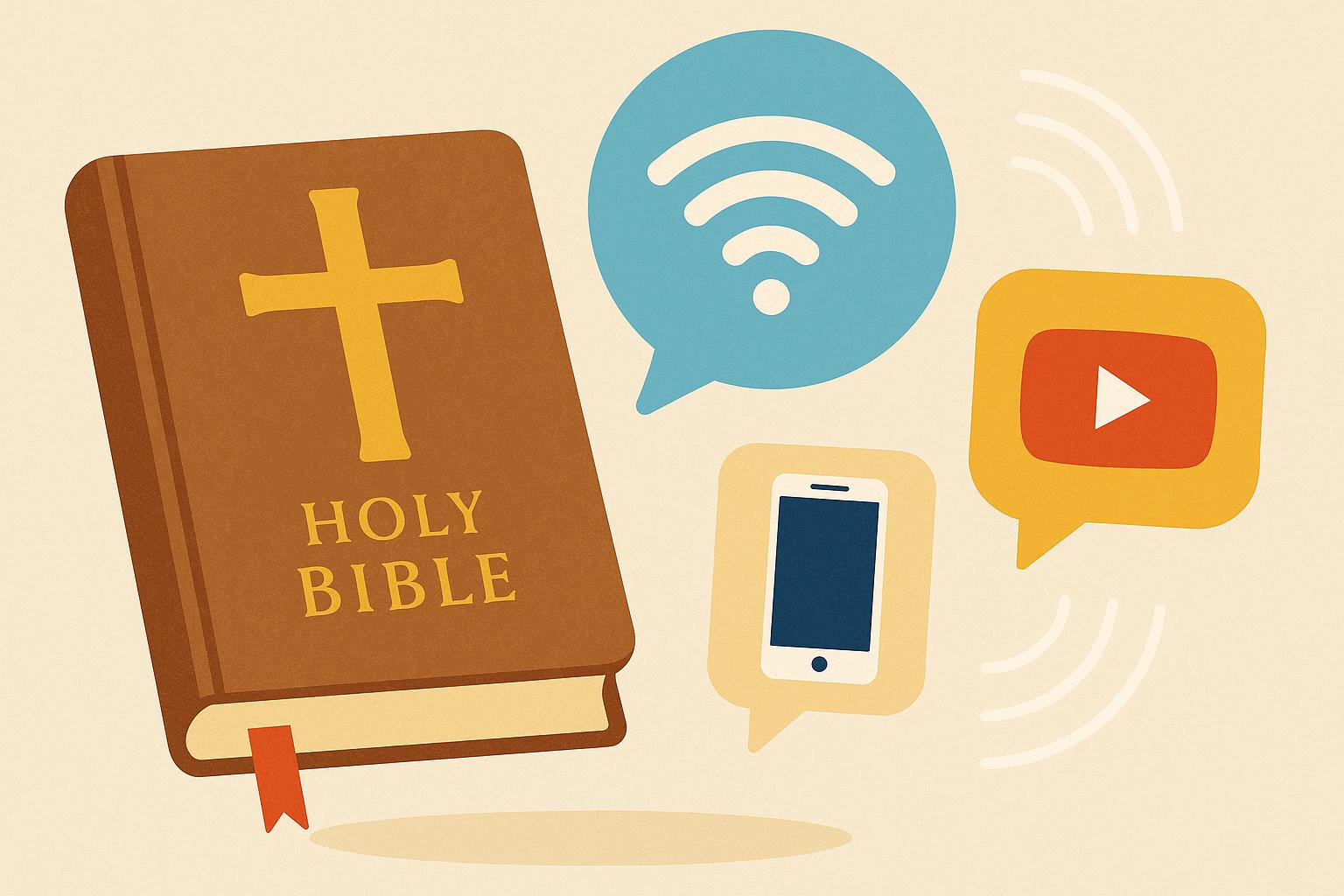 Ancient religious symbols blending with modern digital communication icons and technology