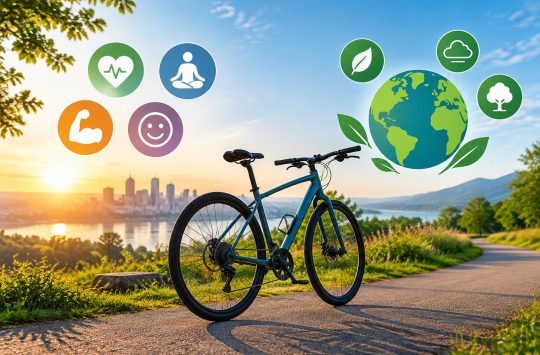Bicycle on scenic path highlighting cycling’s personal health and environmental advantages