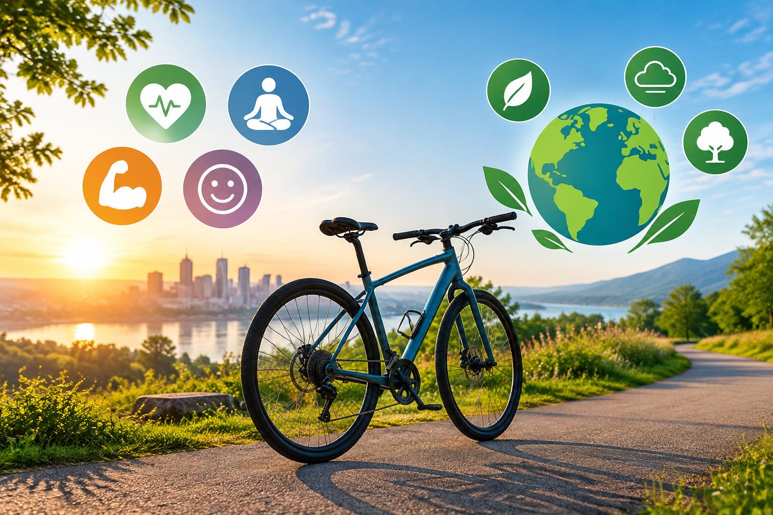 Bicycle on scenic path highlighting cycling’s personal health and environmental advantages